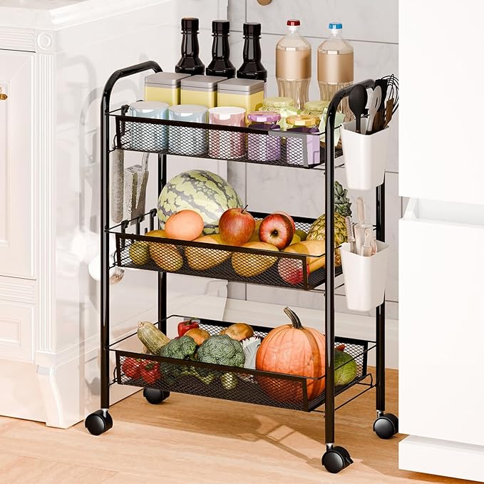 3/4/5 Tier Fruit Vegetable Basket, Stackable Metal Mesh Storage Basket with 360 Degree Wheels, Fruit Vegetable Produce Basket Storage Organizer for Kitchen, Pantry, Bathroom White 3-Layers