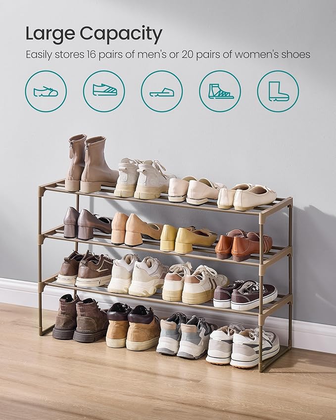 SONGMICS Shoe Rack, 3-Tier Shoe Organizer, Metal Storage Shelf, Upright or Upside Down, for 16-20 Pairs, Stackable, for Entryway, 11.8 x 36.2 x 21.7 Inches, Walnut Brown ULSA303K01-NeatNest
