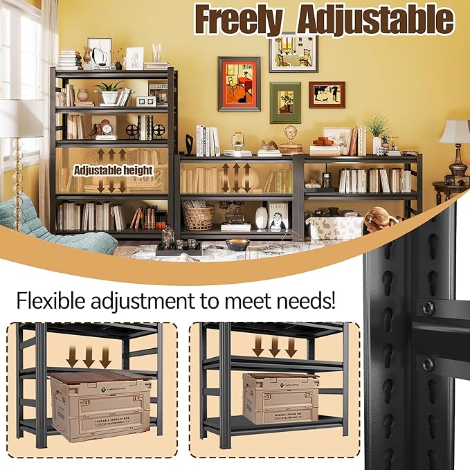 Book Shelf 5 Tier Metal Wide Bookshelves,Tall Bookshelf Industrial Bookcase Adjustable Book Shelves For Bedroom/Living Room/Library,Book Shelf Organizer Black(with fence-47.2"W*23.6D*72"H)-NeatNest