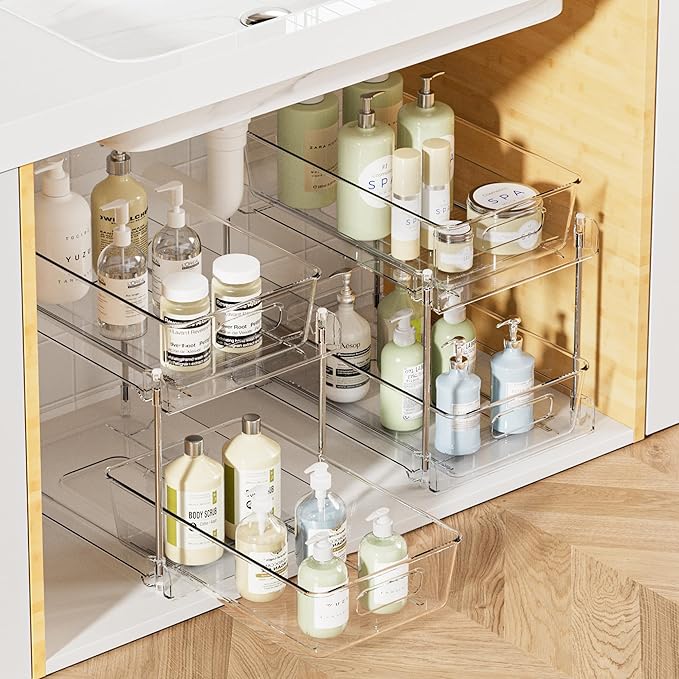 Vtopmart 2 Tier Bathroom Storage Organizer, 2 Pack Clear Under Sink Organizers Vanity Counter Container, Cabinet Drawers Bins, Pull-Out Organization with Track for Pantry, Kitchen-NeatNest