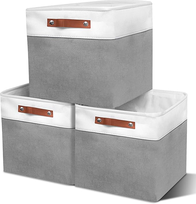 12in Open Fabric Storage Basket with Leather Handles for Organizing, Collapsible Linen Closet Bins for Shelves, Closets, Laundry, Decorative Basket for Gifts. (White＆Gray, 3PCS/12x12in)-NeatNest