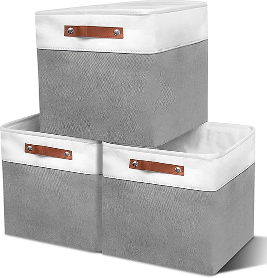 12in Open Fabric Storage Basket with Leather Handles for Organizing, Collapsible Linen Closet Bins for Shelves, Closets, Laundry, Decorative Basket for Gifts. (White＆Gray, 3PCS/12x12in)-NeatNest