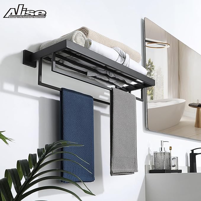 Alise 24 Inch Towel Racks for Bathroom, Towel Rack Wall Mounted with Double Towel Bars, SUS 304 Stainless Steel Towel Shelf, Heavy Duty Hand Towel Holder(Matte Black)