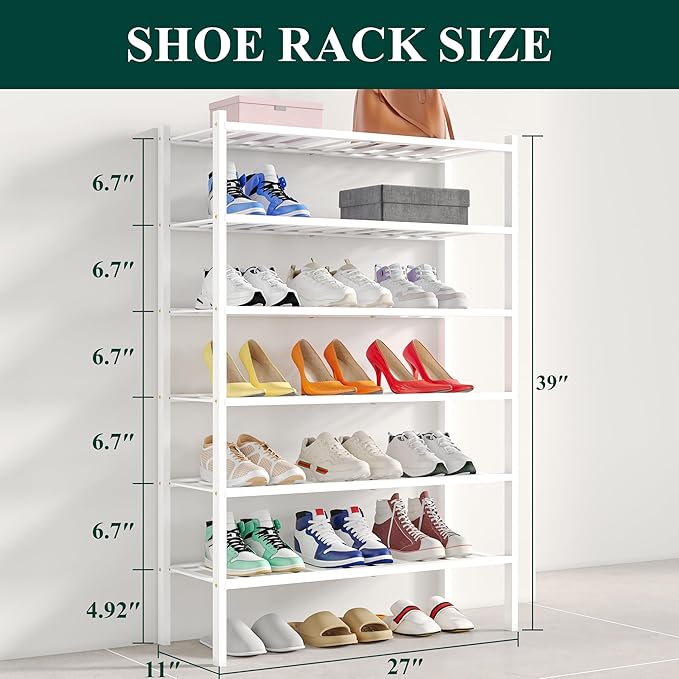 Smiry Shoe Rack, 6 Tier Bamboo Shoe Organizer, Stackable Free Standing Wooden Shoe Storage Shelf for Closet, Entryway, Front Door Entrance, White-NeatNest