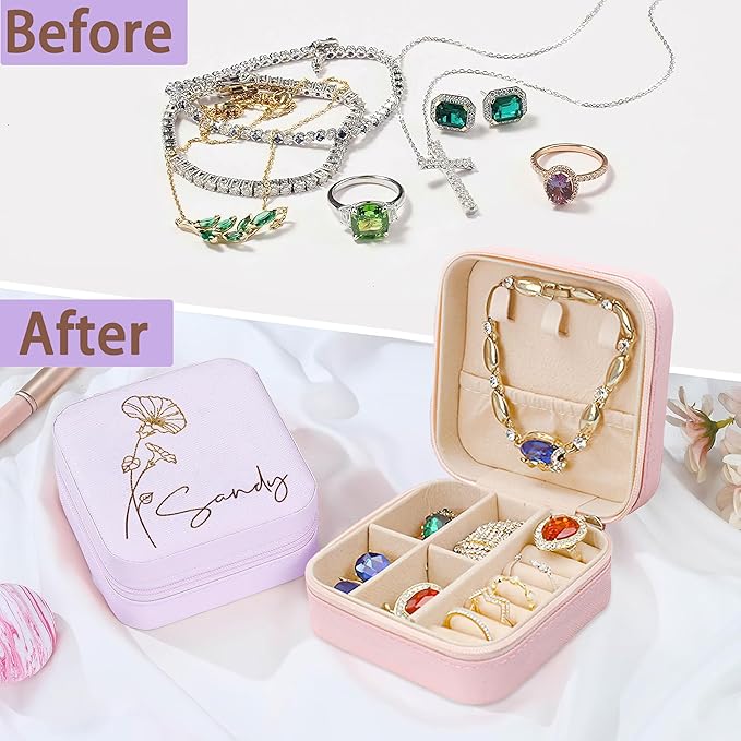 DayOfShe Mom Gifts Travel Jewelry Box with Birth Flower and Name Personalized Small Jewelry Case for Mother Birthday Gifts Bridesmaid Gifts-NeatNest