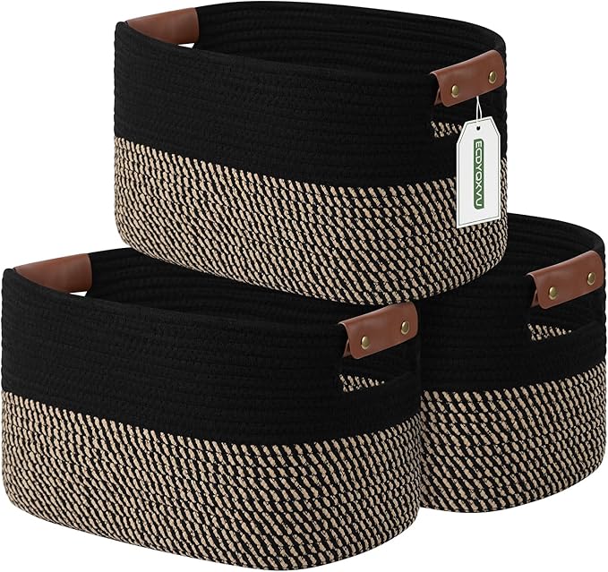Cotton Rope Basket , Storage Baskets with Handle, 15x10x9 Inch Woven Basket for Shelves, Laundry, Towels, Clothes, Books, Toys (Black Brown 3 Pack)-NeatNest