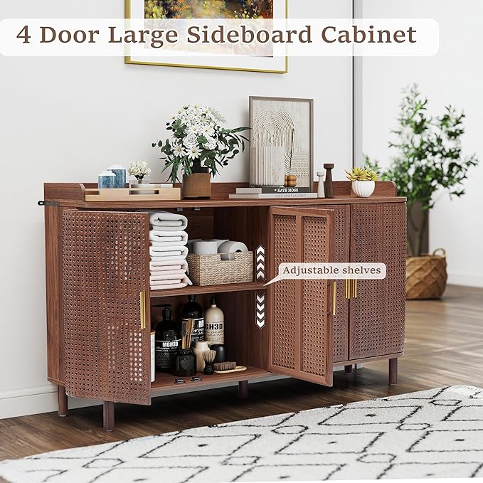 4 Doors Storage Cabinet, 2 Tier Wooden Storage Organizer Cabinet with Adjustable Shelf, Sideboard Buffet Cabinets with Iron Curved Doors Accent Shoe Rack for Entryway Hallway Living Room (Walnut)-NeatNest