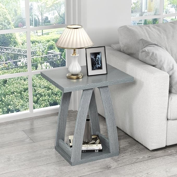 End Tables Living Room. Side Table Beside Sofa. Modern End Table for Living Room. Couch Side Table with Shelf. Slate Grey Wood Side Tables
