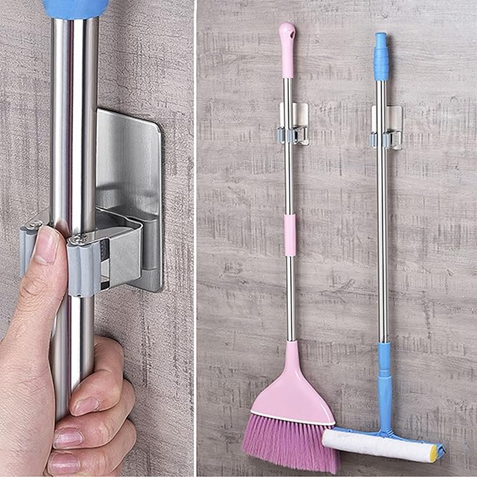 HANZE 4 Pack Stainless Steel Mop Broom Holder Organizer, Self Adhesive Wall Mounted Mop Organizer Storage Rack Clip for Kitchen Bathroom and Garage (Rectangle, Large)-NeatNest