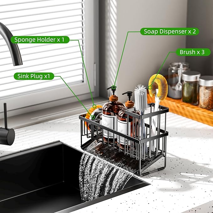 Cisily Extra Large Kitchen Sink Caddy Organzier with High Brush Holder, Sponge Holder for Sink, 304 Rustproof Stainless, Kitchen Countertop Soap Dispenser Organizer For Decor and Accessories-NeatNest