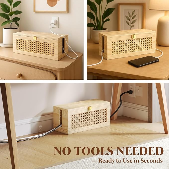 Cable Management Box, Cable Organizer Box Safe for Kids and Pets, 2 Open Slots Cords Hider Box for Power Strips, Computer Router, USB Hub 12.5" x 5.1" x 5.5", Natural