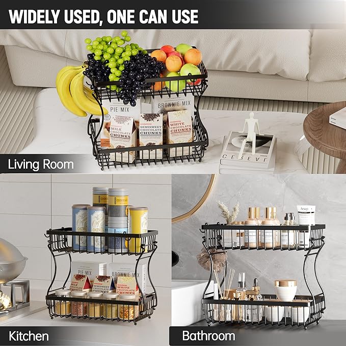 Fruit Basket,2-Tier Fruit Bowl with Banana Hanger,Kitchen Storage Countertop Rack,Fruit Metal Bowls Perfect for Holding Fruit,Vegetables,Snacks(Black)