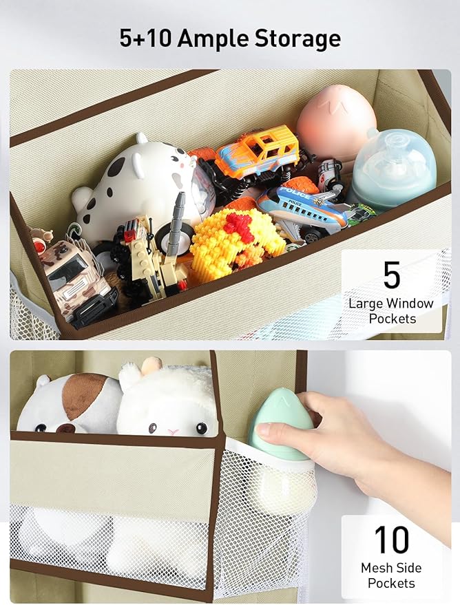 Yecaye 2 Pc Over the Door Organizer with 5 Bins 10 Side Pockets, 44lbs Load Hanging Bathroom and Bedroom Organizer, behind the Door Hanging Organizers for Nursery Newborn Baby Essential Stuff Beige-NeatNest