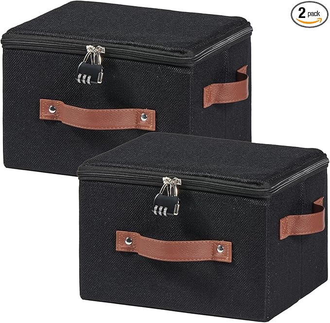 2PCS Storage Bins Boxes with Zipper Lid Combination Lock PU Leather Handles Cotton Linen Fabric Lidded Lockable Baskets Foldable Washable Closet Shelf Organizer Container (Black, Small)