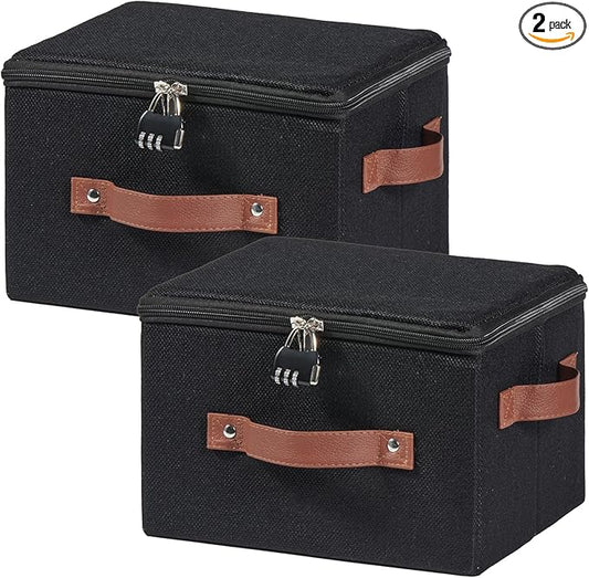 2PCS Storage Bins Boxes with Zipper Lid Combination Lock PU Leather Handles Cotton Linen Fabric Lidded Lockable Baskets Foldable Washable Closet Shelf Organizer Container (Black, Small)