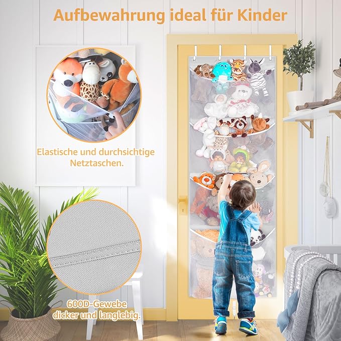Hanging Stuffed Animal Storage, Over Door Large Plush Toy Organizer with Metal Hook, Baby Accessory Holder Idea for Nursery, Doll & Bear Mesh Hammock Bag for Girl Boy Kid Room-NeatNest