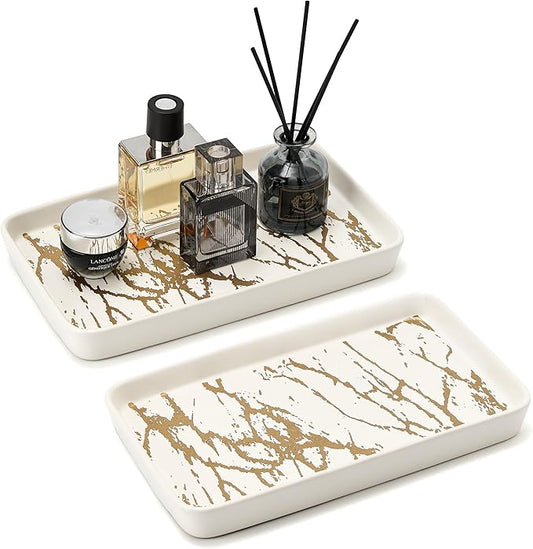 Bathroom Vanity Tray for Countertop,2PC Rectangle Marble Tray Set,Decorative Bathroom Organizer for Scrubber, Lotion Bottles, Perfume, Jewelry, Candle, Key Trinket Ring（Large,White）-NeatNest