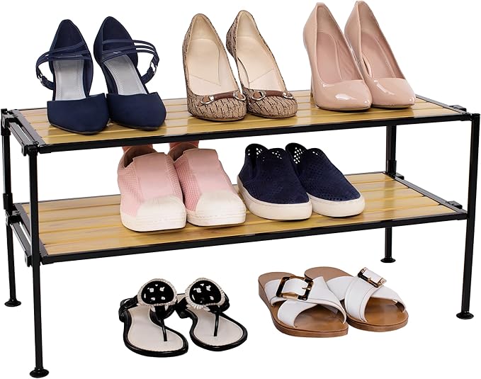 Seville Classics Sturdy Freestanding Storage Shelf for Bedroom, Closet, Entryway, Dorm Room Organizer Stackable Durable Metal Shoe Rack Countryside Aspen Slat, 2-Tier-NeatNest