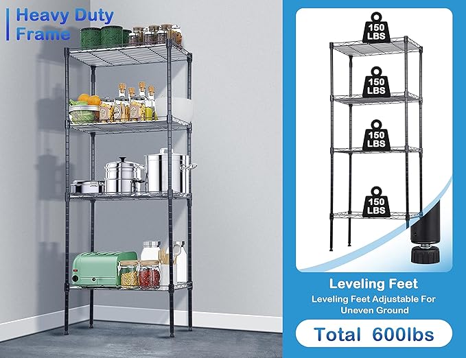 4-Tier Metal Wire Shelving Unit Kitchen Shelf Organizer Height Adjustable Storage Rack Utility Snack Shelf, NSF Certified Storage Shelves for Laundry Bathroom Kitchen Pantry Organization-NeatNest