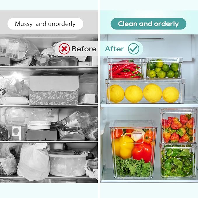 MUCHII 6 Pack Fridge Organizers and Storage, Stackable Fridge Organizer Bins with Lids, Kitchen Organizer Storage Containers for Fruit, Food, Vegetables-NeatNest