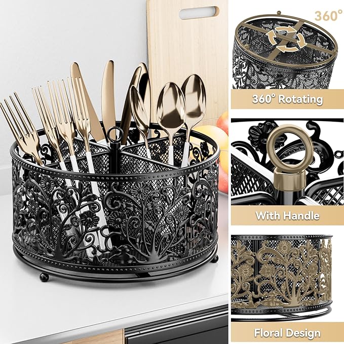 360° Rotating Utensil Caddy - Silverware Cutlery Caddy Holder with 4 Compartment, Metal Flatware Organizer Countertop with Handle for Party Camping Picnic, Kitchen Counter, Office (Black)-NeatNest