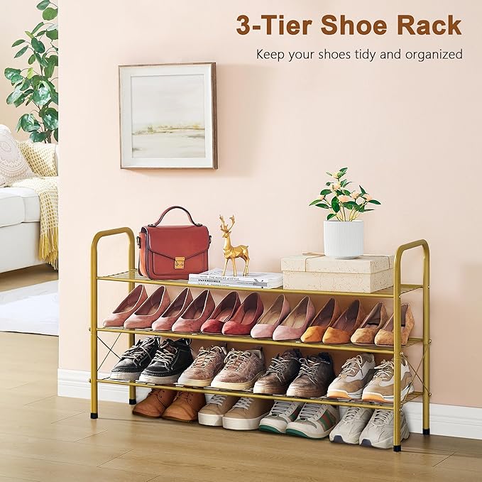 Hoctieon 3 Tier Mesh Style Shoe Rack, Entryway Shoe Shelf, Shoe Storage Organizer, Shoe Rack for Closet, Space Save for Bathroom, Garage, Hallway, Bedroom, Living Room, Gold-NeatNest