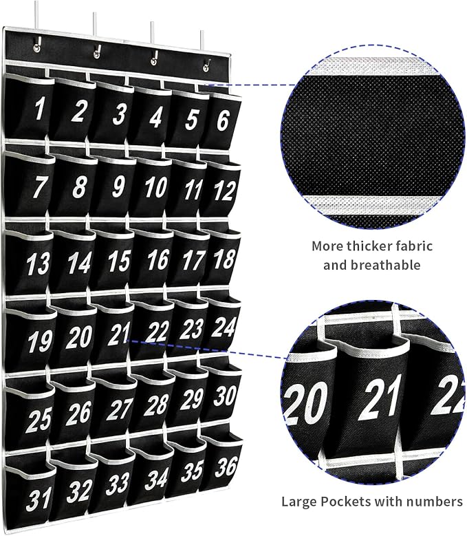 36 Pockets Black Numbered Classroom Pocket Chart for Cell Phones, Hanging Pocket Chart Storage for Classroom Phone Calculator Holder with 4 Hooks (Black-36pockets)-NeatNest