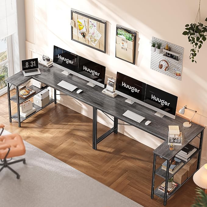Huuger L Shaped Desk, 55 Inches Computer Desk with Reversible Storage Shelves, for Gaming Corner Home Office Writing Study, Metal Frame, Gray-NeatNest