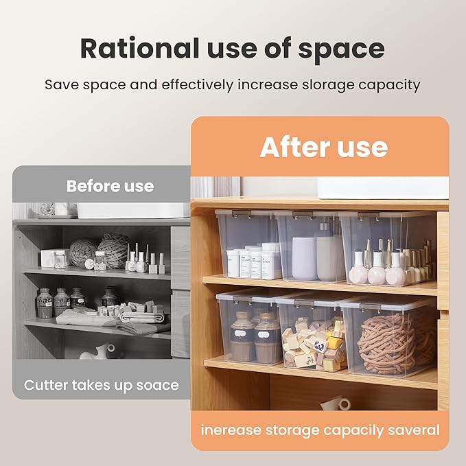 Citylife 7.8 QT 6 Pack Small Storage Bins Plastic Storage Container Stackable Box with Lids for Organizing, Clear White-NeatNest