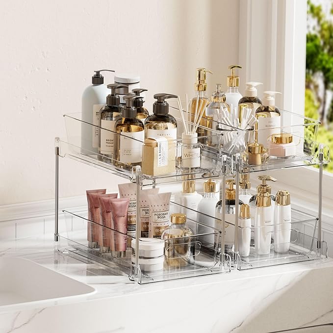 Vtopmart 2 Tier Bathroom Storage Organizer, 2 Pack Clear Under Sink Organizers Vanity Counter Container, Cabinet Drawers Bins, Pull-Out Organization with Track for Pantry, Kitchen-NeatNest