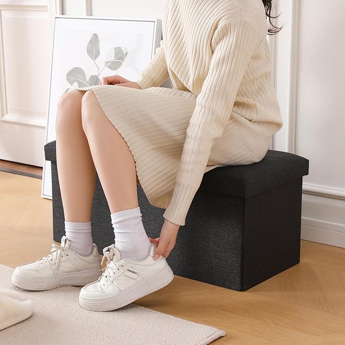 CUYOCA Storage Ottoman Bench Foldable Seat Footrest Shoe Bench End of Bed Storage with Flipping Lid, 75L Storage Space, 30 inches Linen Fabric Black-NeatNest