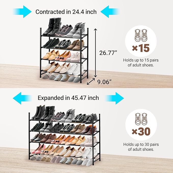 ikloo 4-Tier Shoe Rack for Closet and Entryway | Expandable and Stackable Shoes Organizer for Small Spaces | Adjustable Metal Shoe Shelf for Shoe Storage | Fit Up to 30 Pairs of Shoes | Black-NeatNest