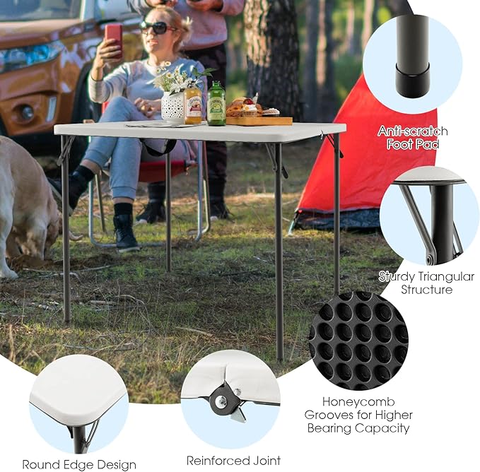 Goplus 34" Square Folding Card Table, Portable with Handle, White Indoor Outdoor Utility Table for Picnic, Party, Dining, Camping, BBQ-NeatNest