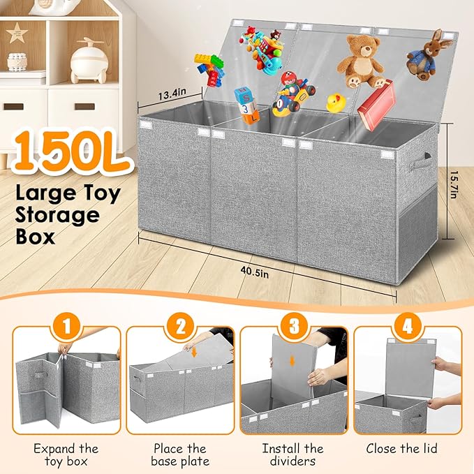 Extra Large Toy Box Chest with Lid, Kids Toy Storage Organizer for Boys Girls, Big Toy Bin Basket Extra Large Toy Storage Box for Living Room Playroom Nursery 40L x14 x16