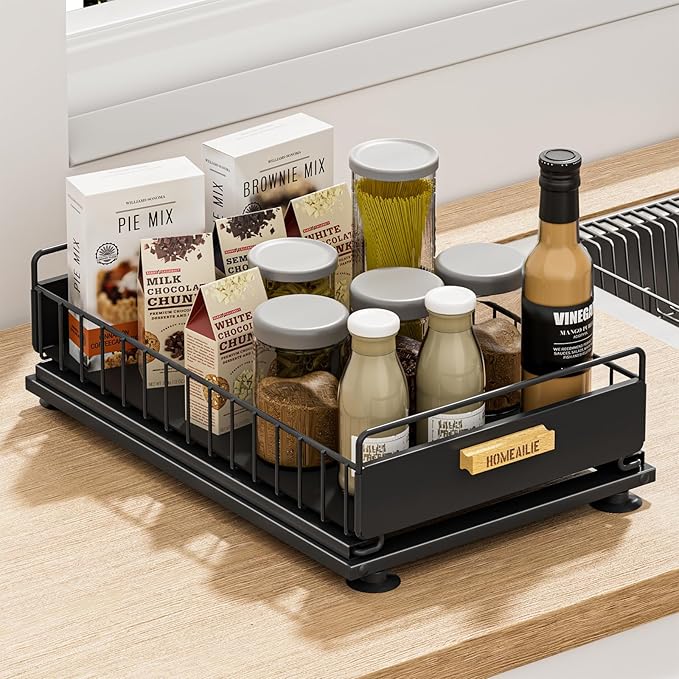 Under Sink Organizer, Single Tier Metal Pull Out Sliding Drawer Shelf for Kitchen Bathroom Cabinet Storage, Sturdy Rack – Black-NeatNest