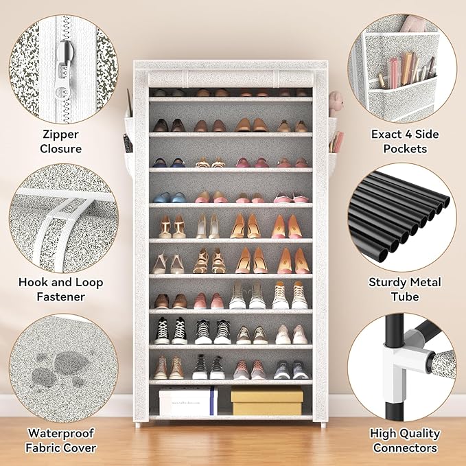 ROJASOP 10 Tier Shoe Rack with Covers Large Capacity Stackable Tall Shoe Shelf Storage for 50-55 Pairs Shoe and Boot, Sturdy Free Standing Shoe Rack Organizer for Closet, Entryway, Bedroom-NeatNest