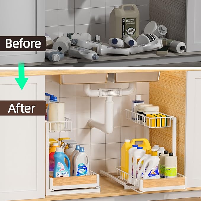Delamu 2 Pack Under Sink Organizer and Storage, Height Adjustable Under Kitchen Sink Organizer, 2 Tier Pull Out Under Cabinet Organizer, White Under Counter Storage for Kitchen Bathroom-NeatNest