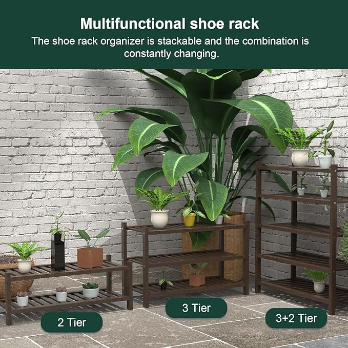 Shoe Rack 2-Tier Organizer-Stackable Storage Shelf with Multi-Function Combinations-Free Standing Bamboo Shoe Racks for Closet,Entryway,Hallway,Bathroom,Living Room Shoe Organization (Brown,2-Tier)-NeatNest