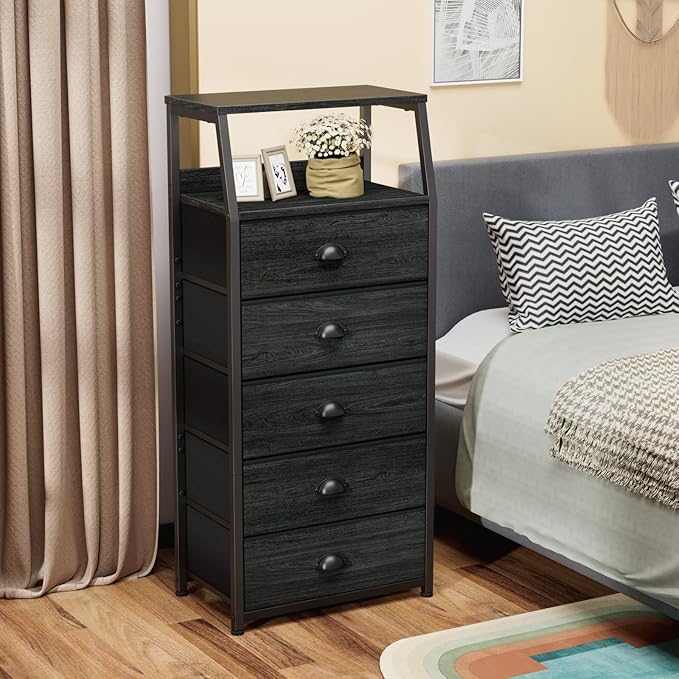 Furnulem Black Dresser with 5 Drawers, Vertical Storage Tower Fabric Dresser for Bedroom, Hallway, Entryway, Nursery, Closet Organizer, Nightstand Bedside Table Furniture, Sturdy Steel Frame, Wood Top-NeatNest