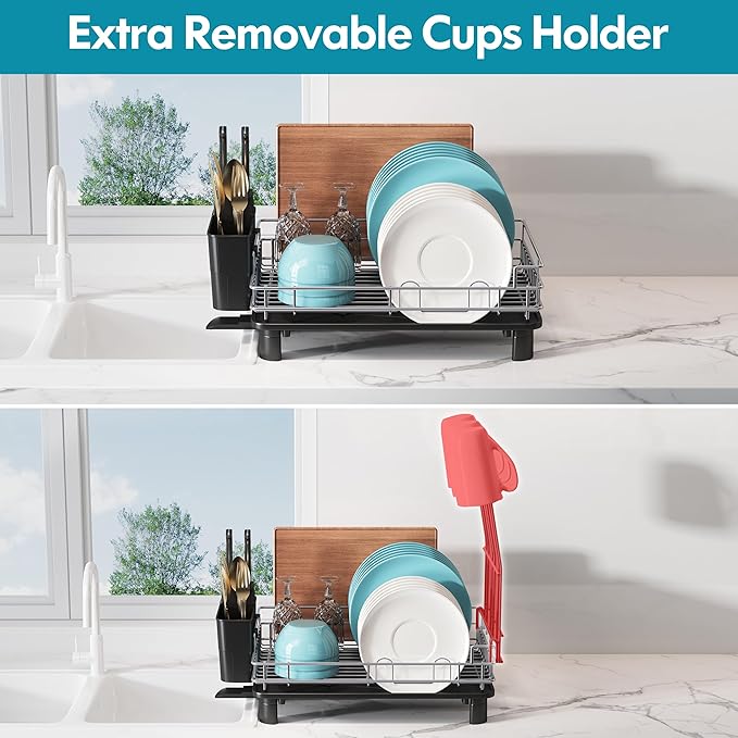 BOOSINY Dish Drying Rack for Kitchen Counter, Stainless Steel Dish Drainers with Drainboard Set, Space Saving, Compact Metal Plates Strainers Rack with Cup Holder, Utensil Holder-NeatNest