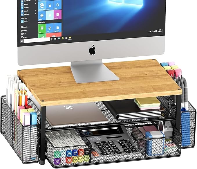 Desk Organizers and Accessories, 2-Tier Computer Monitor Stand Riser with Drawer and 2 Pen Holders, Laptop Stand, Office Desk Accessories for Office Supplies, Oak