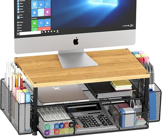 Desk Organizers and Accessories, 2-Tier Computer Monitor Stand Riser with Drawer and 2 Pen Holders, Laptop Stand, Office Desk Accessories for Office Supplies, Oak