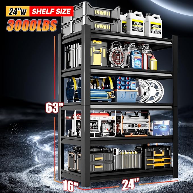 24" W Garage Shelving,5-Tier Heavy Duty Shelving Unit,3000LBS Adjustable Metal Storage Shelves,Storage Rack Units for Industrie,Shed,Warehouse,Basement,Black,24" W x 16" D x 63" H-NeatNest