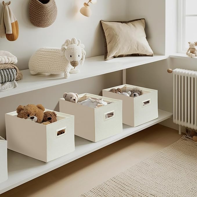 DECOMOMO Storage Bins for Shelves Robust Fabric Closet Bins for Shelves Toy Storage Clothes Books (Pack of 3 – Beige)-NeatNest