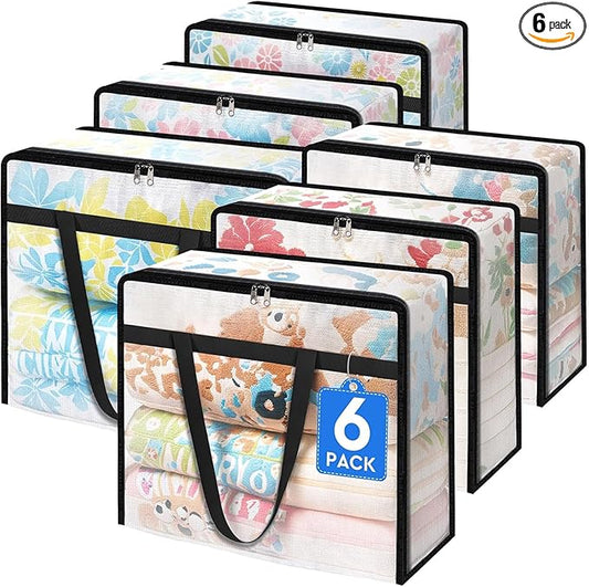 BlissTotes 6 Pack Clear Clothes Storage Bags, Under Bed Storage Containers, Foldable Blanket Storage Moving Bags with Sturdy Zipper and Handle for Clothing, Comforter, Bedding, Sheet (60L)-NeatNest