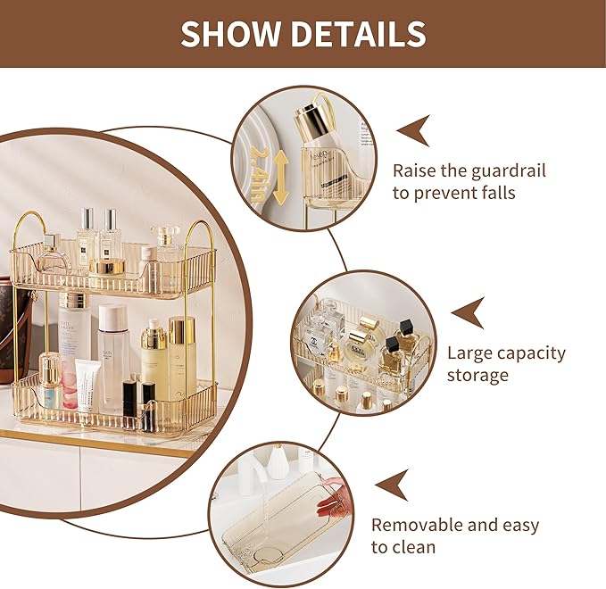 2 Tier Bathroom Organizer Countertop Makeup Perfume Tray Skincare Organizer for Bathroom Dresser Vanity (Gold)-NeatNest