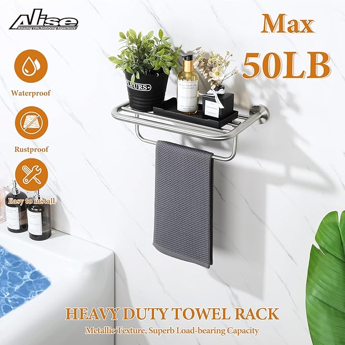 Alise 16 Inch Towel Racks for Bathroom, Foldable Towel Hanger Towel Shelf with Tower Bar, Heavy Duty Towel Holder, SUS 304 Stainless Steel Wall Mount Towel Rail, Brushed Nickel