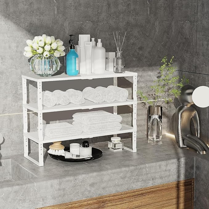 Expandable Cabinet Shelf Organizer Storage Spice Rack Shelves for Kitchen Stackable Adjustable Pantry Cupboard Bathroom Countertop Desktop(2Packs/White/Medium)-NeatNest