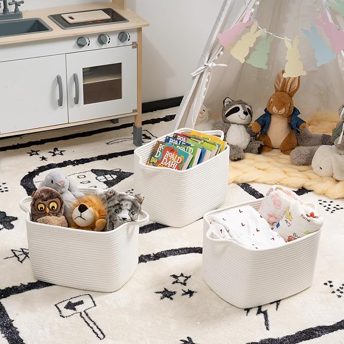 INDRESSME White Woven Storage Basket, Baby Gift Baskets for Nursery, Clothes Organizer for Shelves, Small Laundry Basket, Decorative Bin for Toys, Books, 13 x 10 x 9 inches
