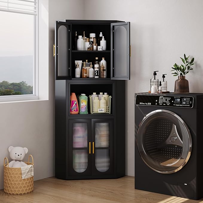 64" Tall Metal Corner Storage Cabinet with Acrylic Glass Doors ＆ Open Display Storage Shelves, Farmhouse Corner Pantry Storage Cupboard for Kitchen, Laundry Room, Bathroom or Bedroom (Black)